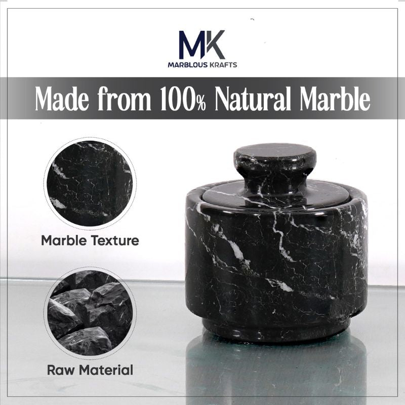 100% natural black marble salt cellar with texture and raw material view