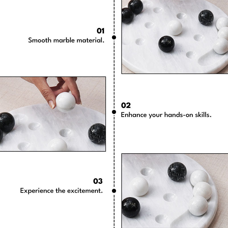 Features of black and white marble Tic Tac Toe game set in 3 steps