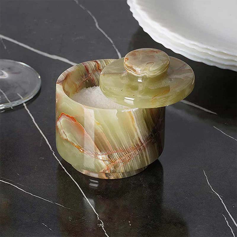 Marble Salt Cellar with Lid 3'' Inch  Green Onyx Salt & Pepper for Kitchen Counter Décor -Home & kitchen Storage