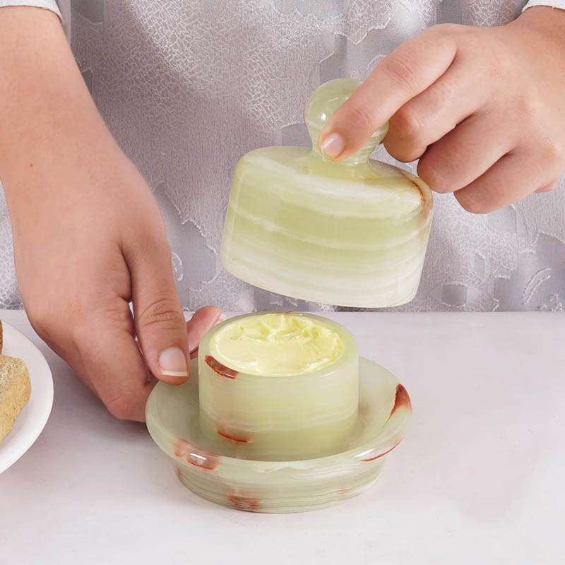 Open Green Onyx Marble Butter Crock with Lid - French Butter Keeper