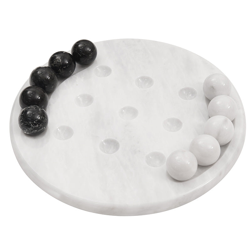 Premium marble tic tac toe game set with 5 black and 5 white balls – top view over white base board