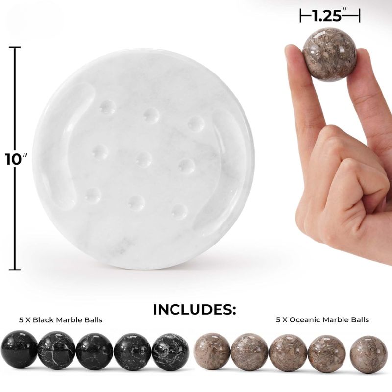 Marble Tic Tac Toe game set with black and oceanic marble balls and size chart