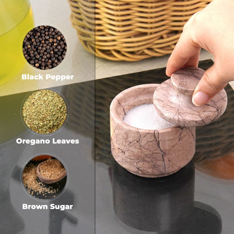 Marinara marble salt cellar used for sugar, pepper, and oregano
