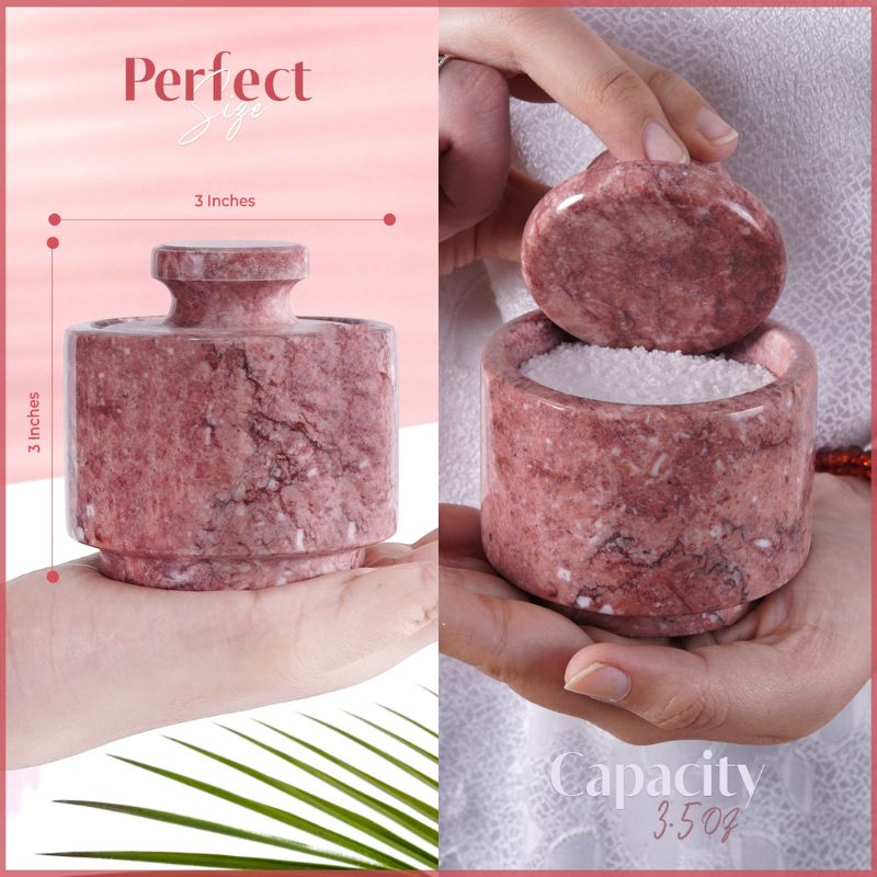 3 inch red marble salt cellar showing 3.5 oz storage capacity