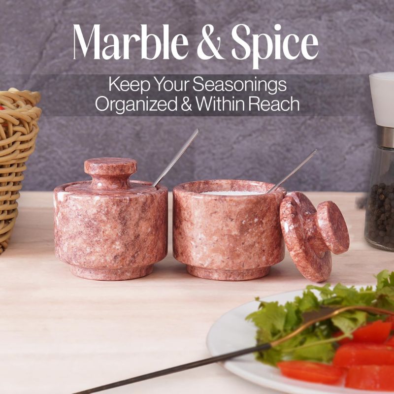 Red marble salt and pepper container set with spoons on kitchen counter