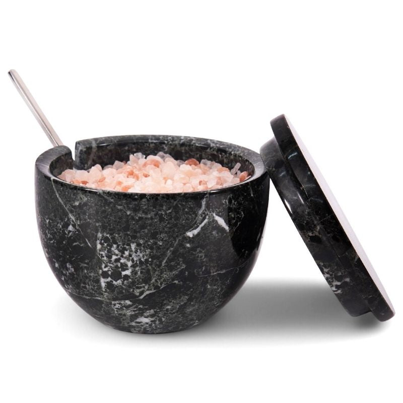 Marble salt cellar with lid and spoon — handcrafted natural stone salt keeper for kitchen and dining table