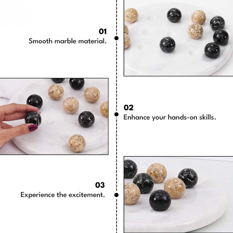 Features of Tic Tac Toe game set shown with smooth marble board and balls