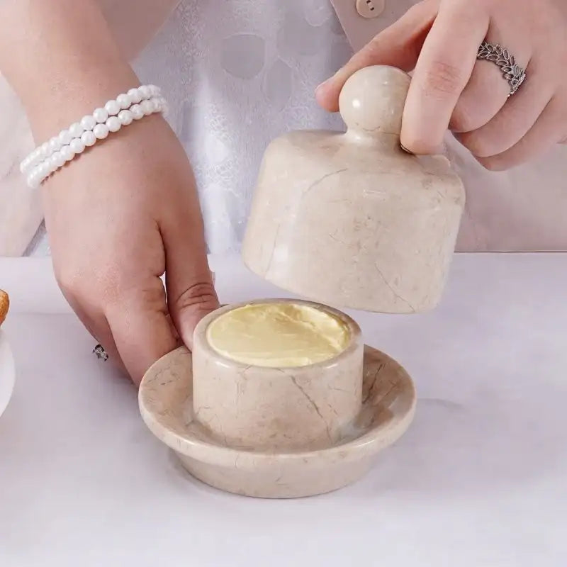 Open Verona Marble Butter Crock with Lid - French Butter Keeper