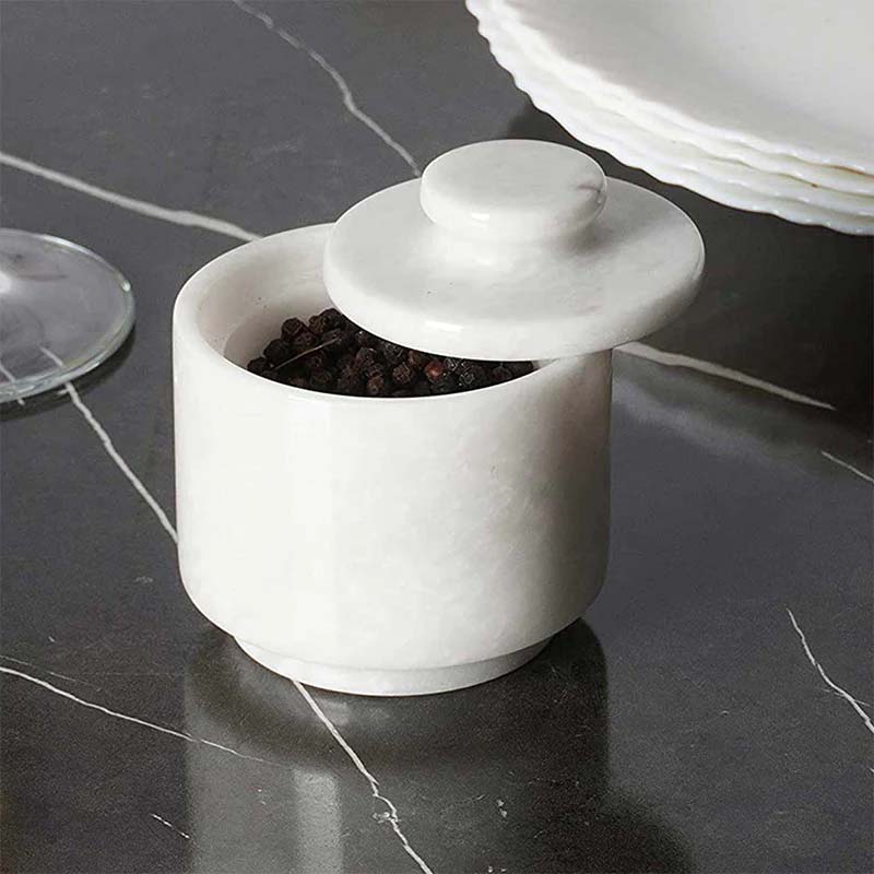 Marble Salt Cellar with Lid 3'' Inch White Kitchen Storage for Seasonings and Spices - Salt Container for Tabletop