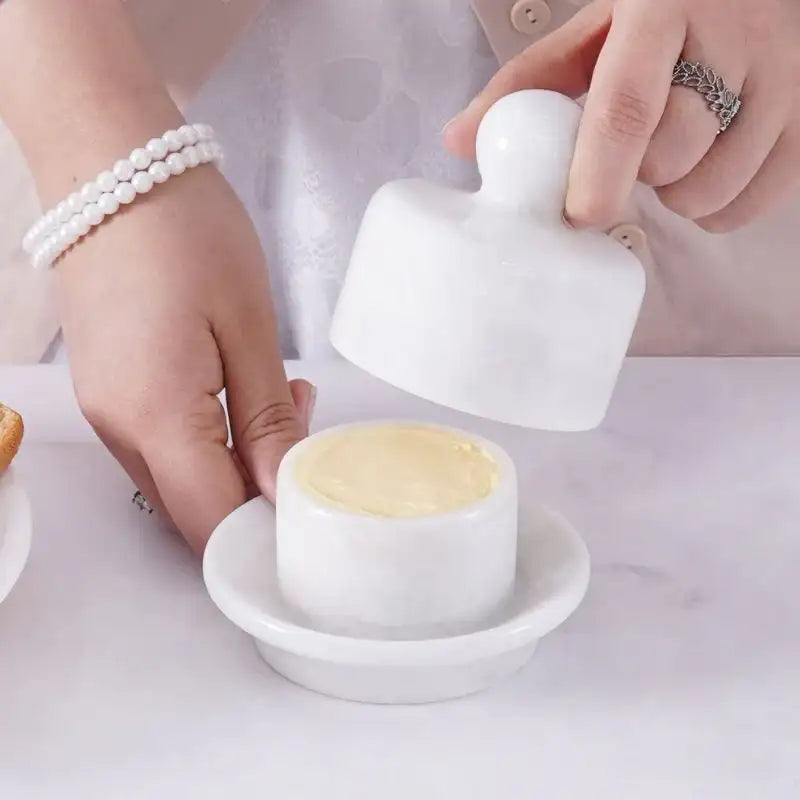 Open White Marble Butter Crock with Lid - French Butter Keeper