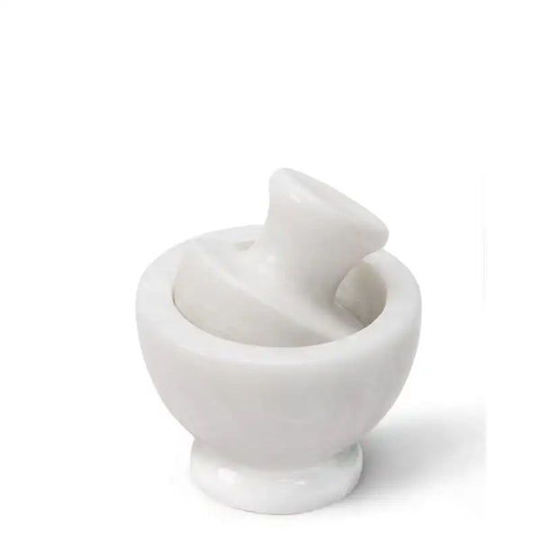 Handcrafted white marble mortar and pestle set for grinding spices and herbs with white background