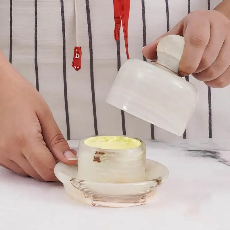 Open White Onyx Marble Butter Crock with Lid - French Butter Keeper