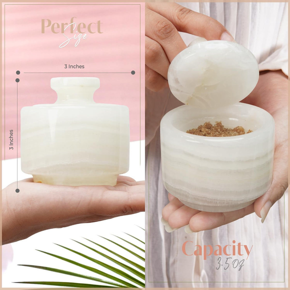 3 inch white onyx marble salt cellar showing 3.5 oz capacity