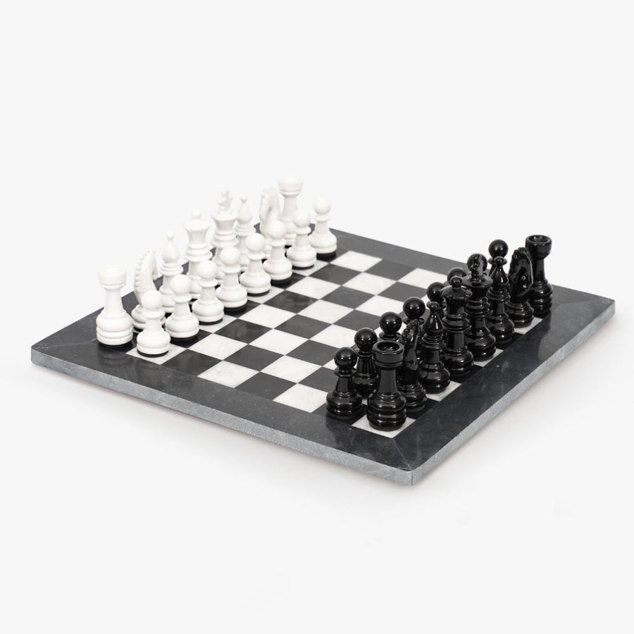 15 Inch Black and White Premium Quality Marble Chess Set with Metallic Figures and Extra Queen