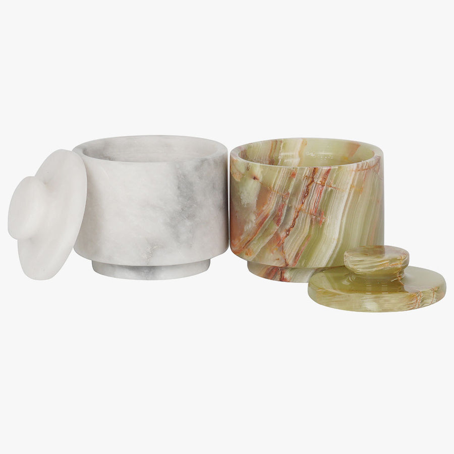 3 x 3 Inch White and Green Marble Salt Cellar Set of 2