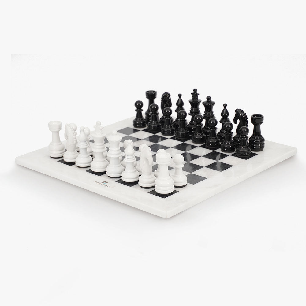 15 Inch White and Black Premium Quality Marble Chess Set with Metallic Figures and Extra Queen